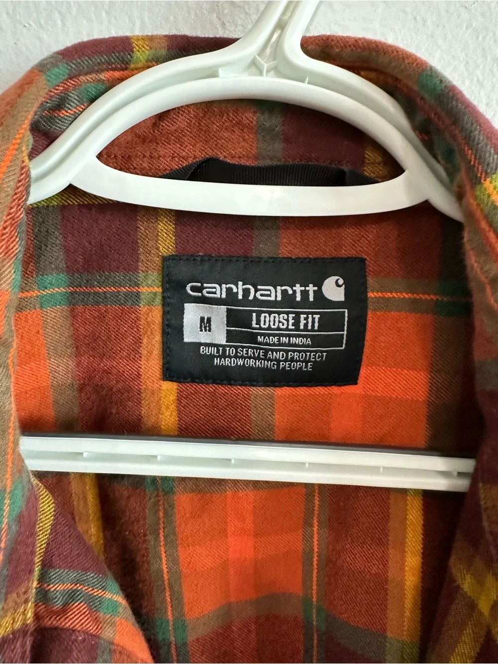 Carhartt Loose Fit Plaid Flannel Shirt Men’s Medium Orange Brown 100% Cotton